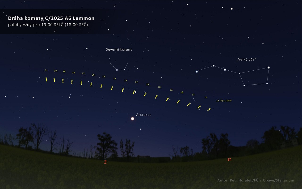 Vyhledávací mapka pro kometu C/2025 A6 Lemmon. Zdroj: Petr Horálek/FÚ v Opavě/Stellarium.